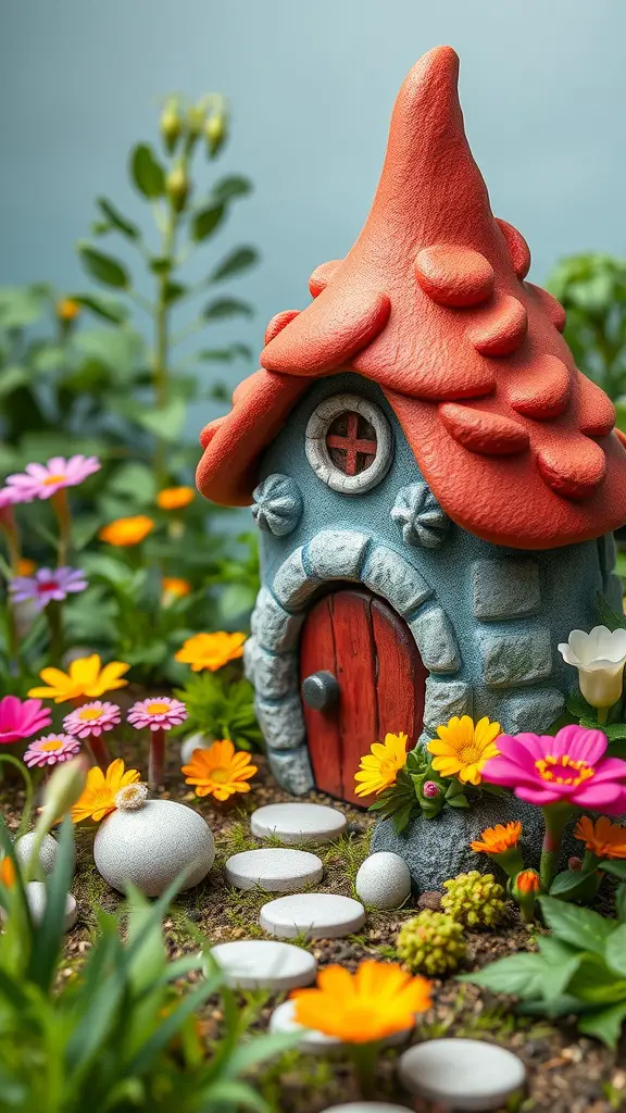 A colorful hypertufa gnome home surrounded by vibrant flowers and garden stones.