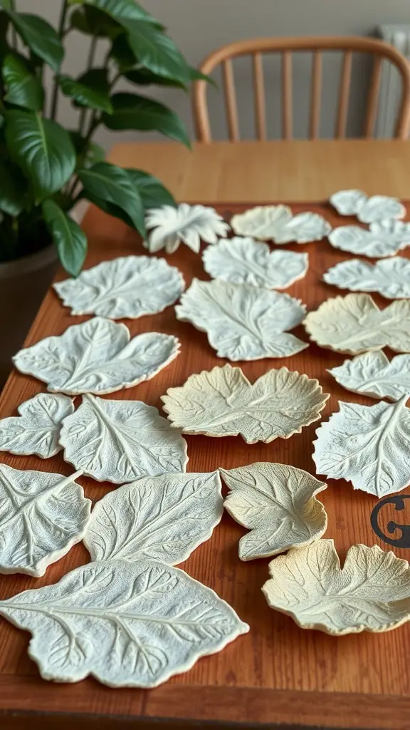 An arrangement of various hypertufa leaf casts on a wooden table, featuring different shapes and sizes.