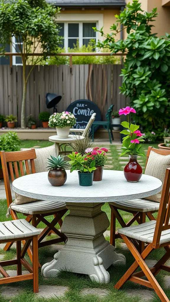 A round hypertufa outdoor table surrounded by wooden chairs, decorated with potted plants and flowers in a garden setting.