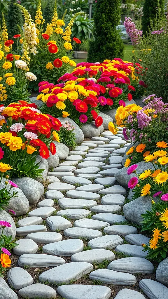 A vibrant garden pathway made of hypertufa stones, bordered by colorful flowers.