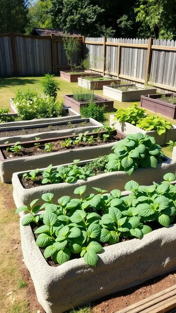 A garden with various hypertufa raised beds filled with green plants