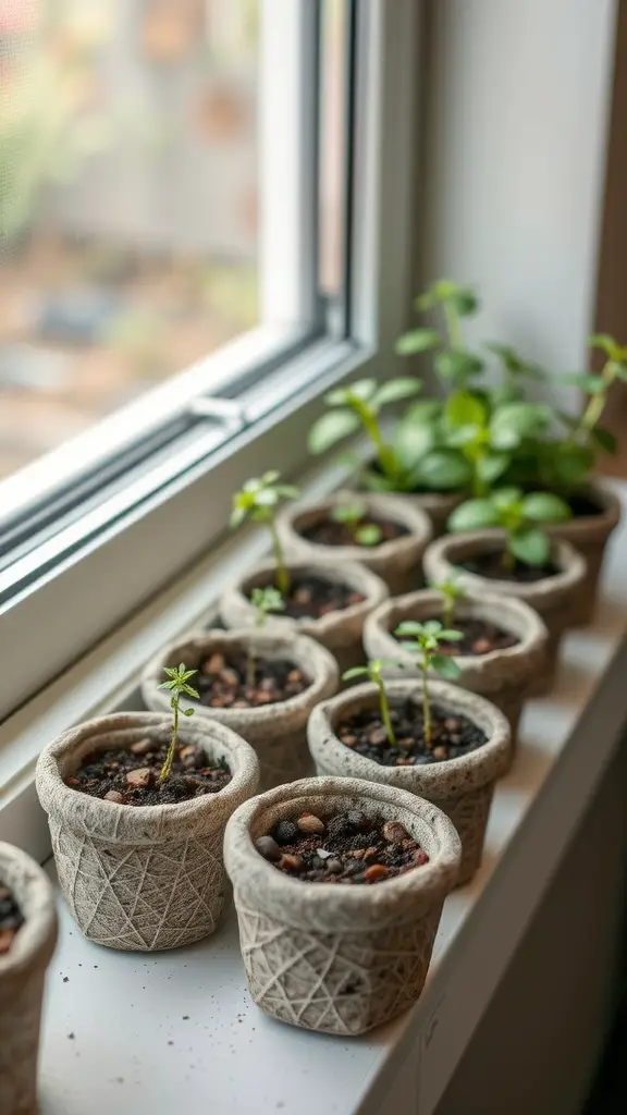 A row of hypertufa seed starters filled with soil and small plants, placed by a window