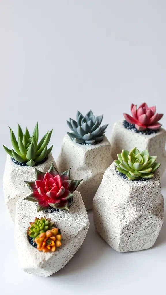 A collection of hypertufa planters filled with various succulents.