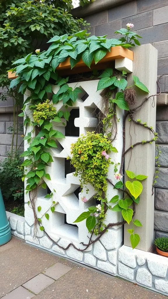 A hypertufa trellis covered with greenery and flowers, showcasing a geometric design.