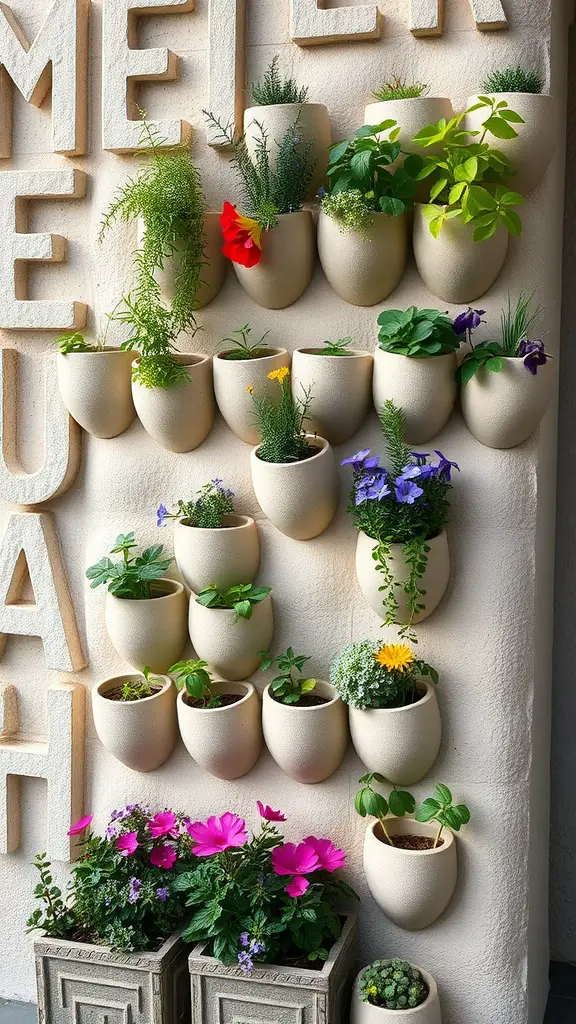 Vertical garden featuring hypertufa pots with various plants against a wall