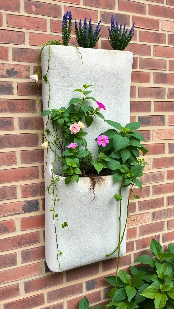 A hypertufa wall planter with colorful flowers and plants mounted on a brick wall.