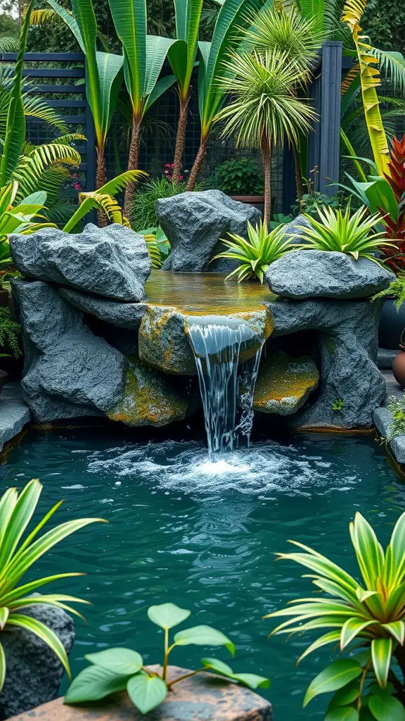 A tranquil garden scene featuring a hypertufa water feature with a small waterfall and surrounding lush foliage.