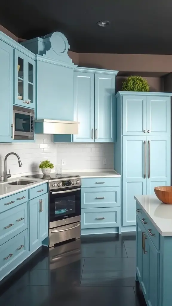 A kitchen featuring ice blue cabinets and charcoal accents, showcasing a modern design.