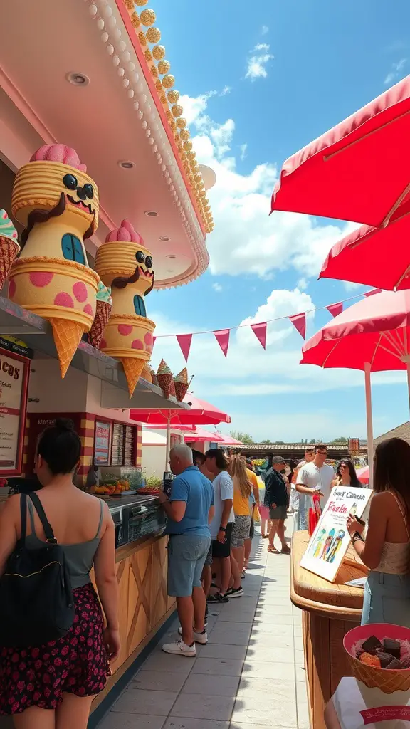 21 Creative Summer Baby Shower Ideas to Celebrate the Arrival of Baby 17 A lively ice cream bar with colorful umbrellas and guests lining up to enjoy ice cream.