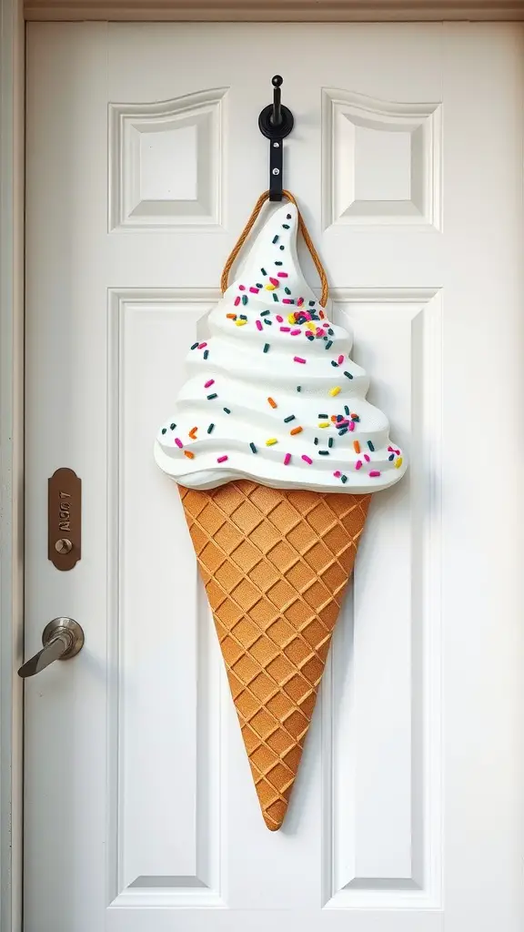 21 Creative Summer Door Hanger Ideas You’ll Love 6 A door hanger shaped like an ice cream cone, featuring soft-serve ice cream with colorful sprinkles.