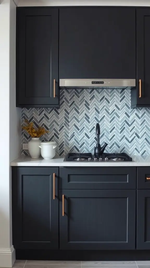 Icy blue herringbone backsplash with dark kitchen cabinets