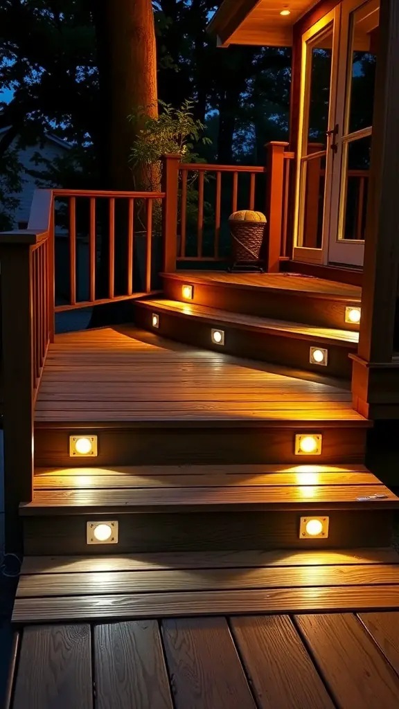 21 Creative Deck Step Ideas to Enhance Your Outdoor Space 5 A deck with illuminated LED steps highlighting warm lights at night