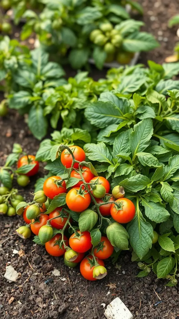 Lush tomato plants with ripe tomatoes in an in-ground vegetable garden bed.