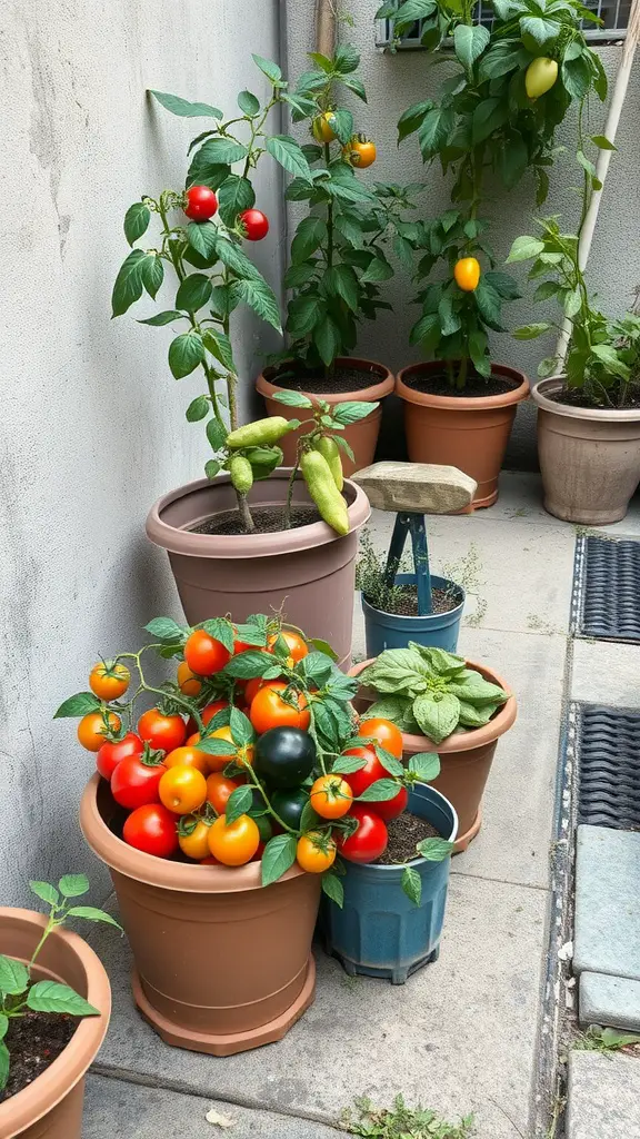 Small patio garden with various potted tomato plants in different colors