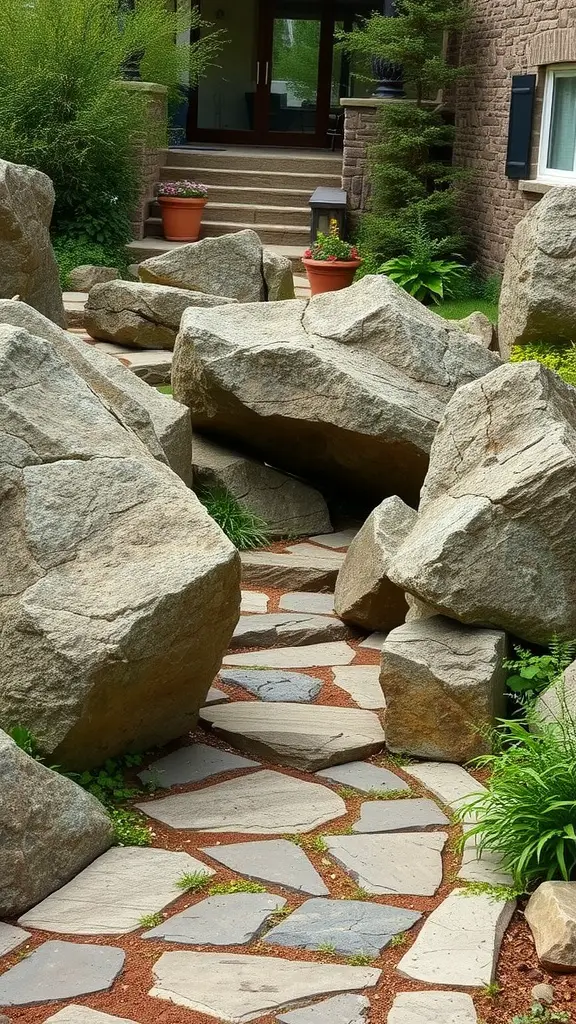 27 Stunning Stone Pathway Ideas for Your Garden Walkways 14 Stone pathway lined with large boulders and greenery, leading to a house.