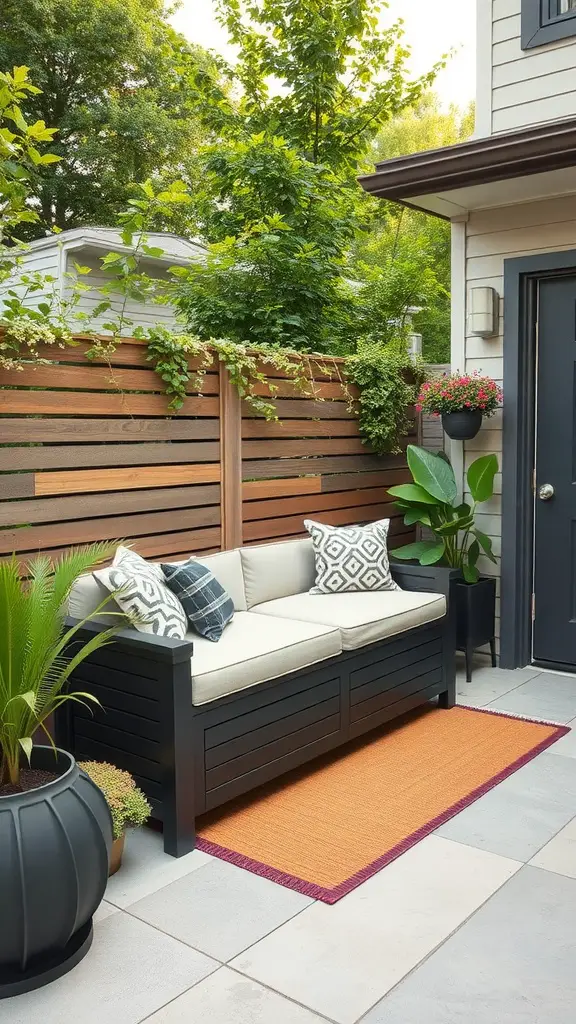 A small patio garden featuring a storage sofa, potted plants, and a colorful rug.