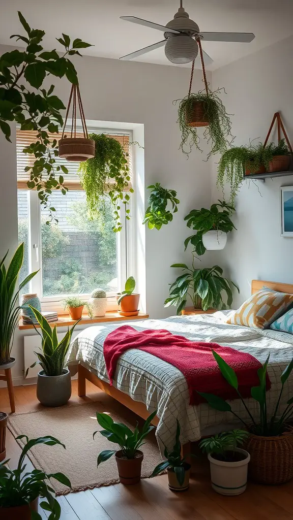 27 Stylish Summer Bedroom Ideas to Refresh Your Space 2 A bright bedroom with indoor plants, a cozy bed, and natural light streaming through the window.