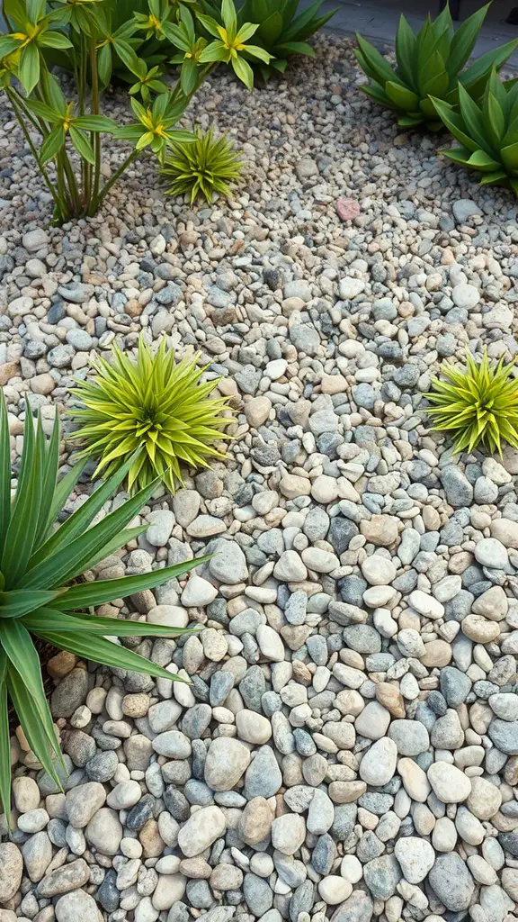 19 Creative Gravel Border Ideas for Your Garden 5 A gravel area featuring a mix of smooth pebbles and green plants.