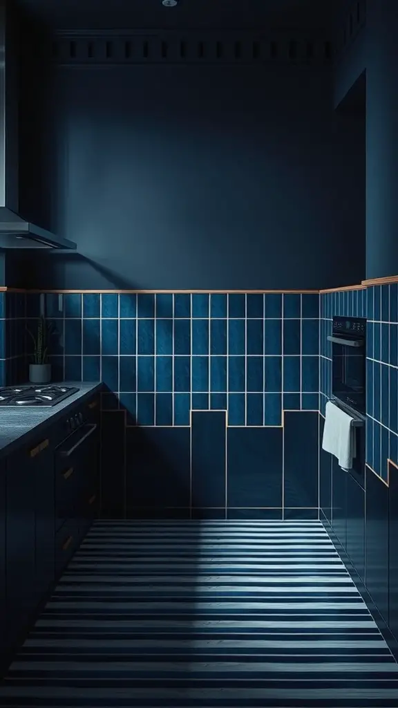 Indigo striped backsplash in a kitchen with dark cabinets