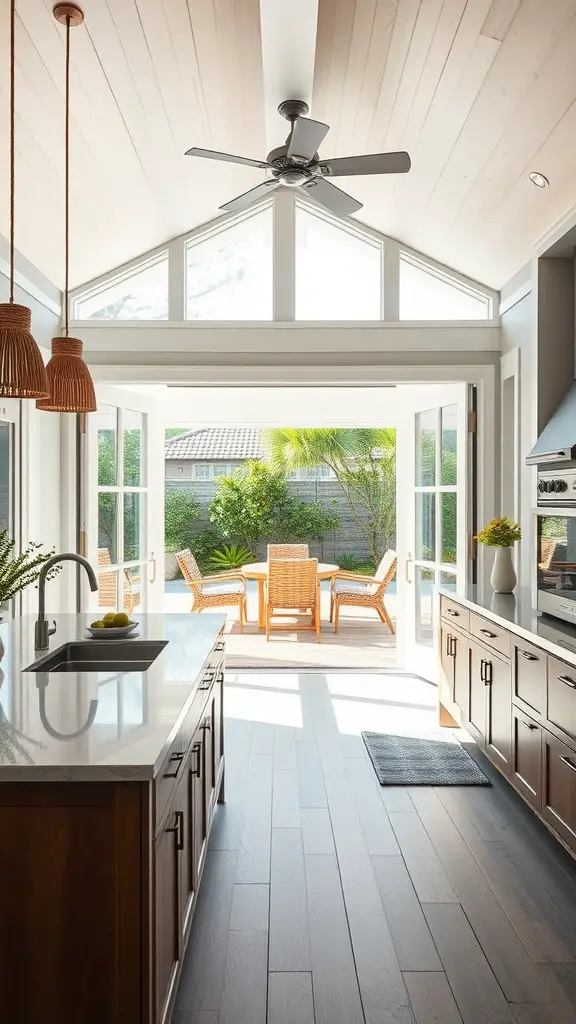 A beach house kitchen with a view of the outdoor dining area, featuring large windows and a modern design.