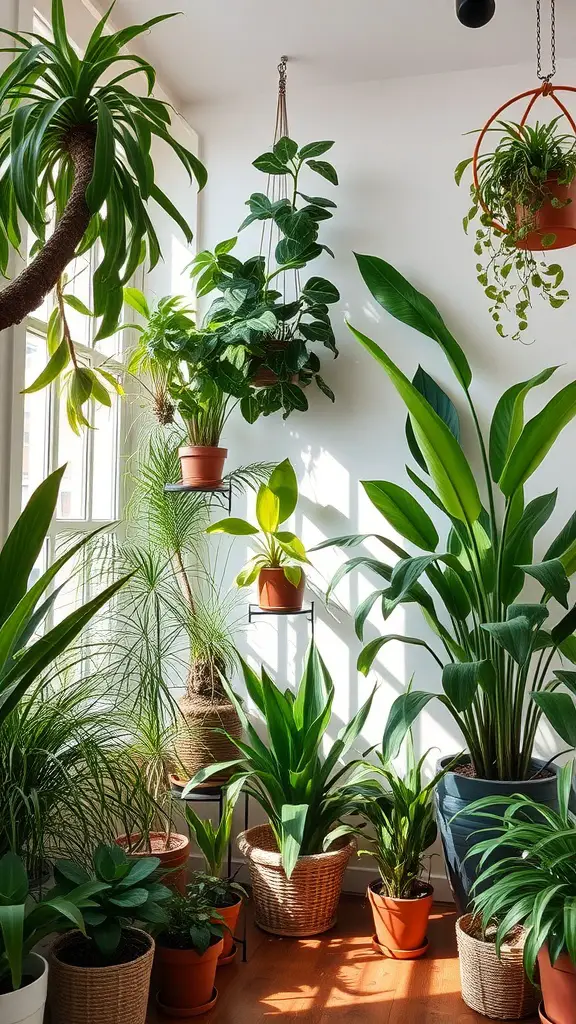 Indoor plants in various pots arranged in a bright room