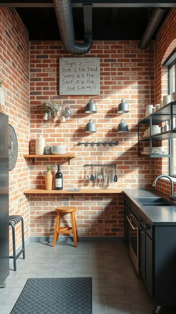 A stylish kitchen with exposed brick walls, metal fixtures, and wooden accents