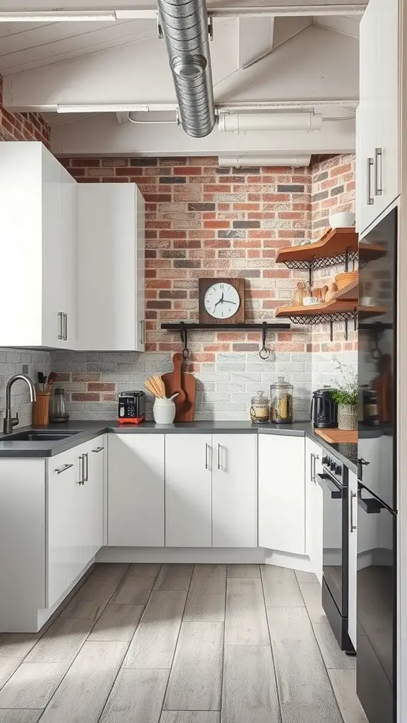 A stylish industrial-style white kitchen with exposed brick walls, white cabinetry, and wooden shelves.