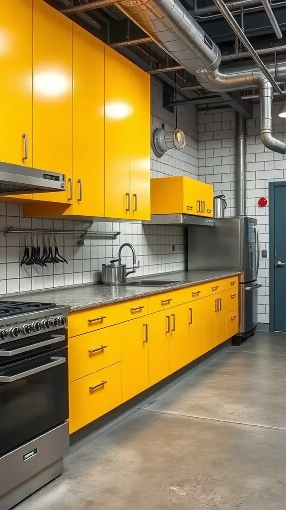 An industrial kitchen featuring bright yellow cabinets, stainless steel appliances, and gray brick walls.