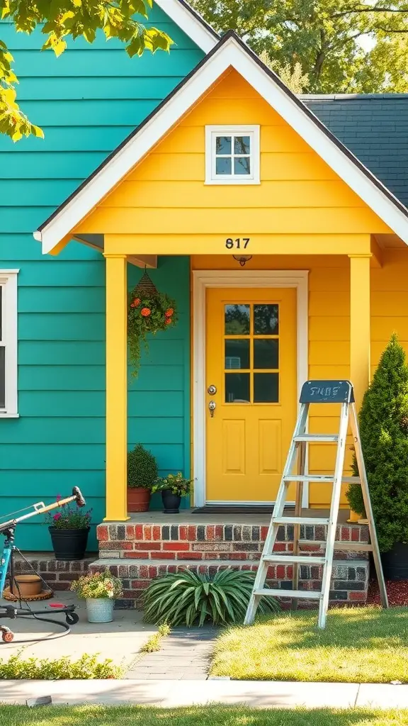 A colorful house with turquoise and bright yellow paint, showcasing a welcoming front door and a ladder for DIY painting.