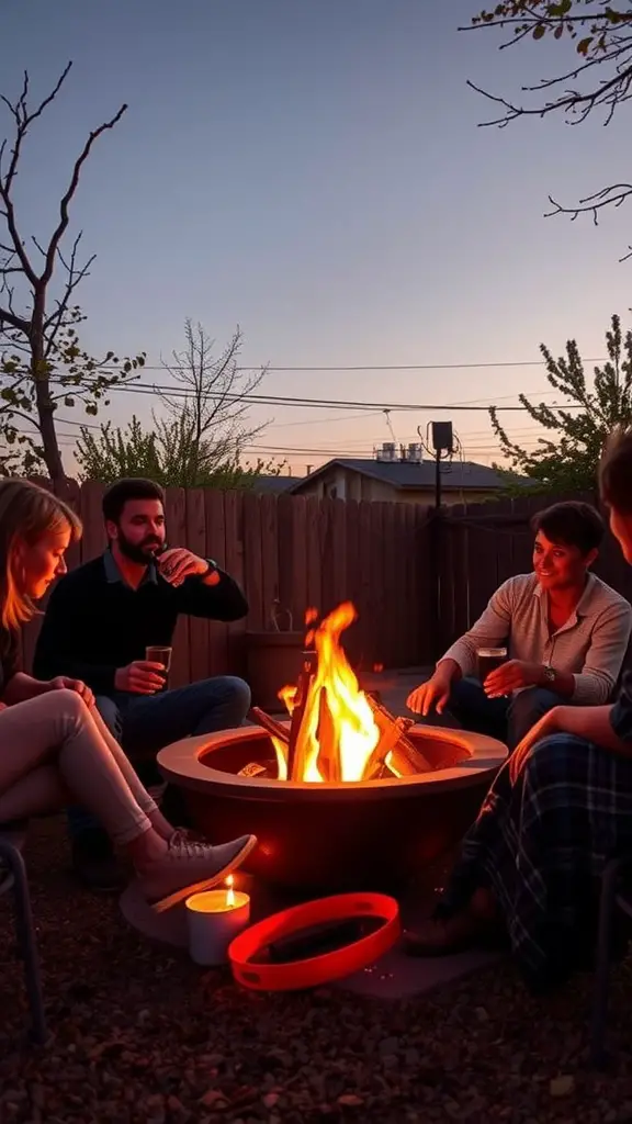 Group of friends gathered around a fire pit in a backyard at dusk, enjoying drinks and conversation.