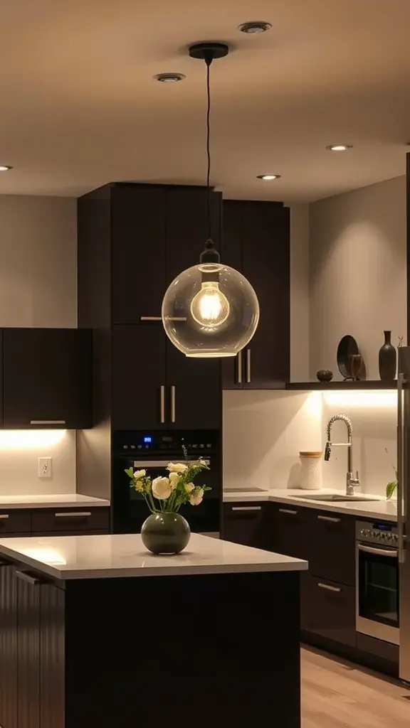 A contemporary kitchen with a globe pendant light and recessed lighting, featuring dark cabinets and a bright countertop.