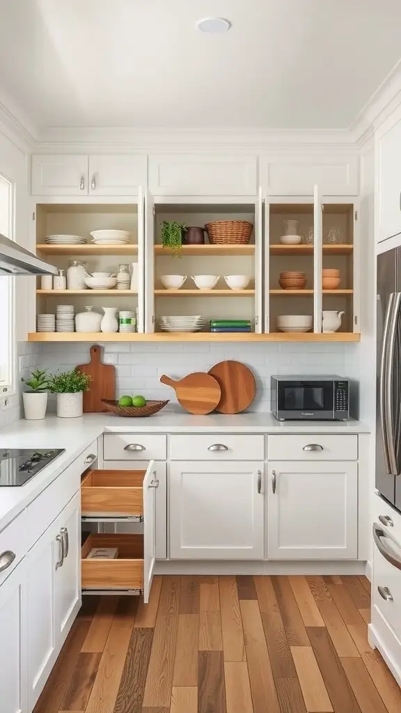 Beach house kitchen with open shelves and innovative storage solutions