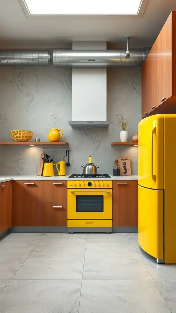 A modern kitchen featuring yellow appliances, including a refrigerator and stove, with wooden cabinets and a stylish design.