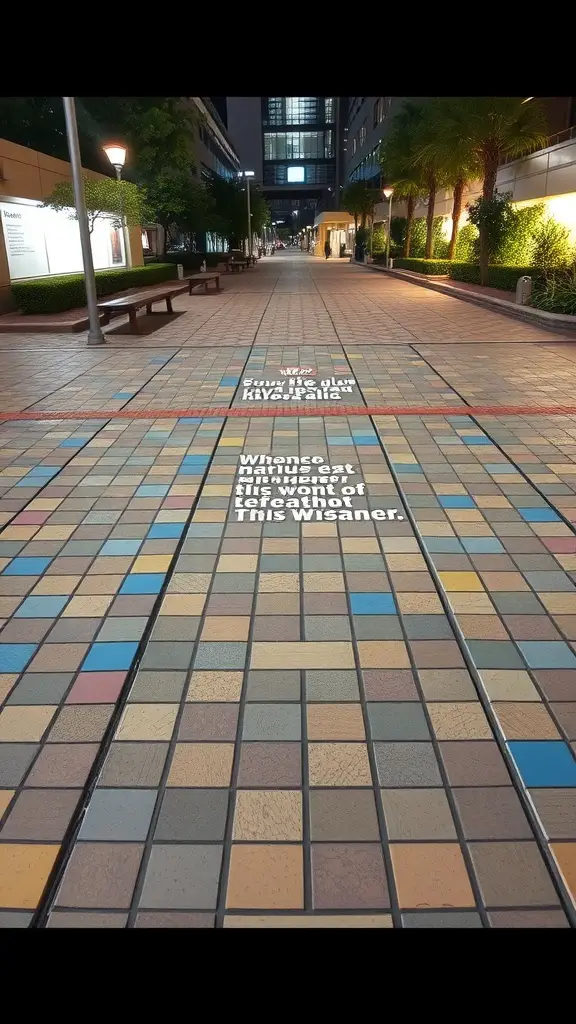 Colorful mosaic walkway with inspirational quotes