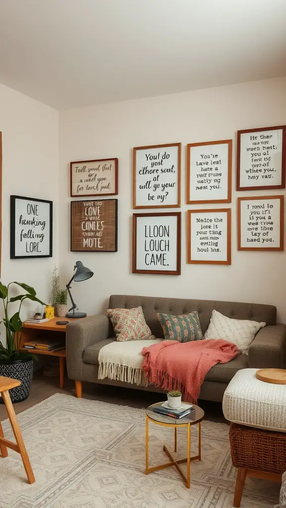 A cozy mother's room featuring framed inspirational quotes on the walls, a comfortable couch with pillows and a throw, and a small coffee table.