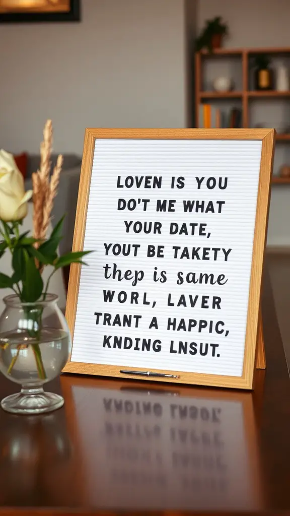 An inspirational quotes display with a quirky message about love, surrounded by a vase of flowers.