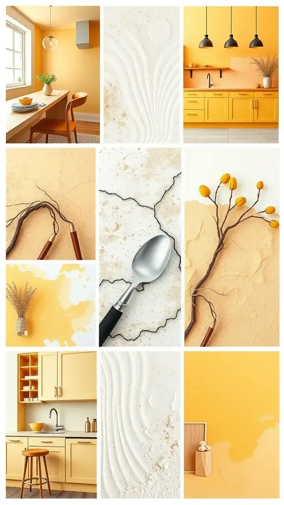 Mood board featuring various shades and textures of yellow in kitchen settings