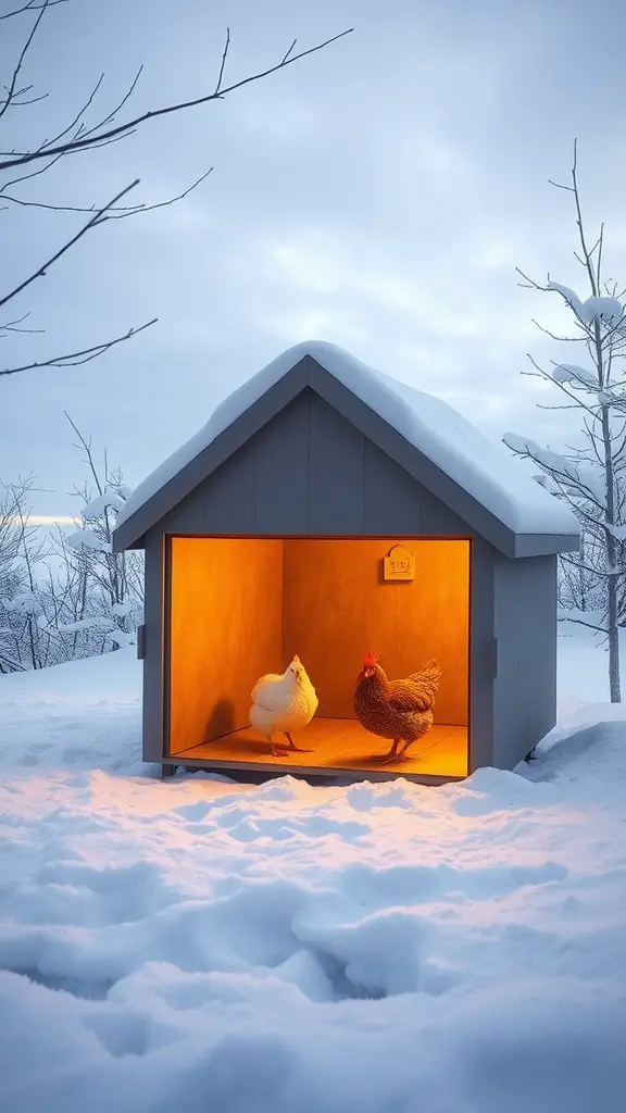 An insulated brooder in a snowy environment, with two chickens inside and a warm glow emanating from within.