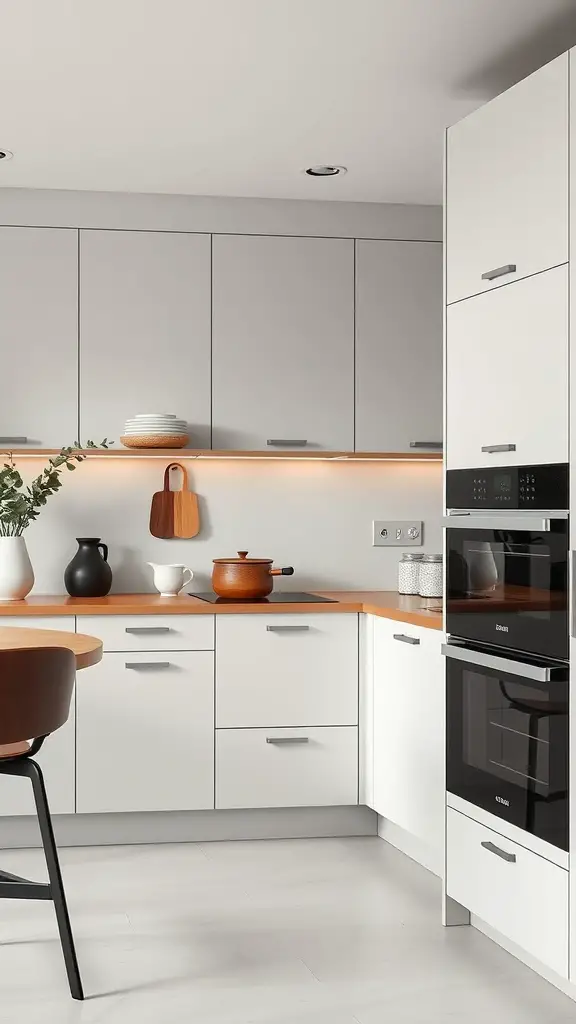 A Scandinavian kitchen with integrated appliances, featuring gray and white cabinetry and a warm wood countertop.