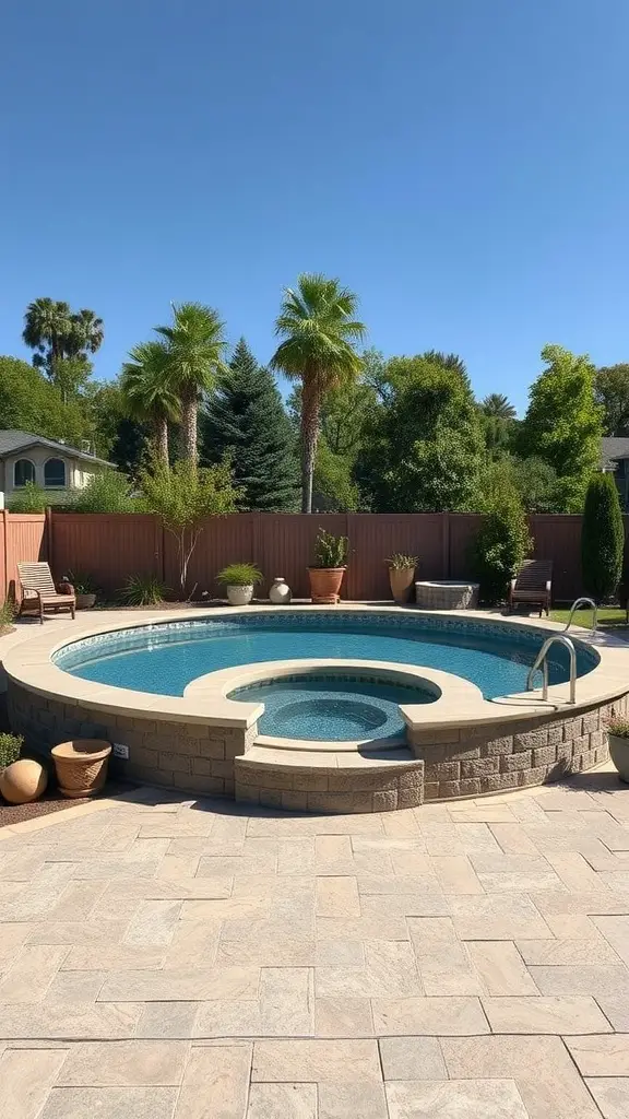 A beautifully integrated hot tub area next to an above ground pool, surrounded by greenery and outdoor furniture.