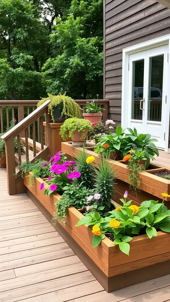 19 Stunning Two-Level Deck Ideas for Your Home 12 A deck featuring integrated wooden planters with a variety of colorful flowers and plants.