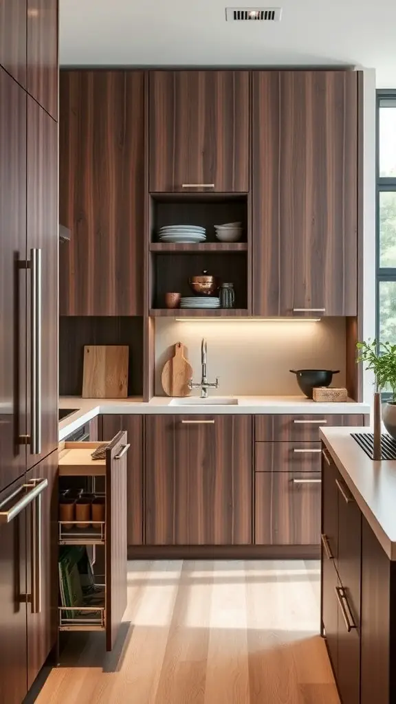 A contemporary kitchen featuring integrated storage solutions with wooden cabinetry, open shelving, and pull-out drawers.