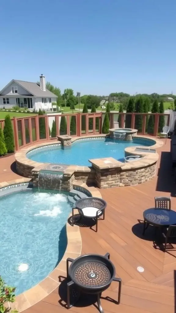 An above ground pool with integrated spa and waterfall features, surrounded by wooden decking and greenery.