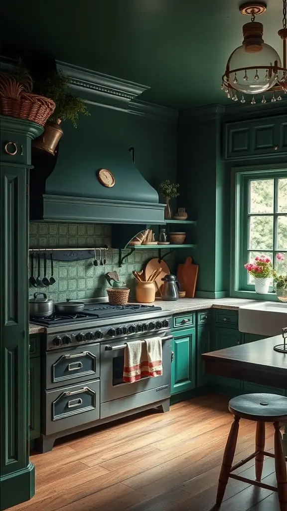 Kitchen featuring Intense Forest Green walls and cabinetry, with a rustic stove and wooden accents.