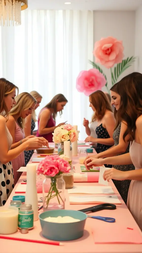 17 Creative Summer Bridal Shower Ideas for a Memorable Celebration 11 A group of women enjoying a craft station at a bridal shower, surrounded by flowers and craft supplies.