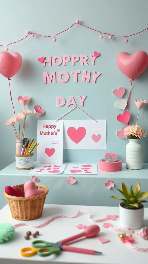 A cheerful Mother's Day craft station for kids with decorations, craft supplies, and heart-shaped elements.