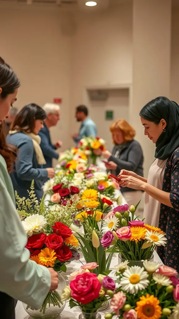 Guests participating in a flower arranging activity at a garden party.