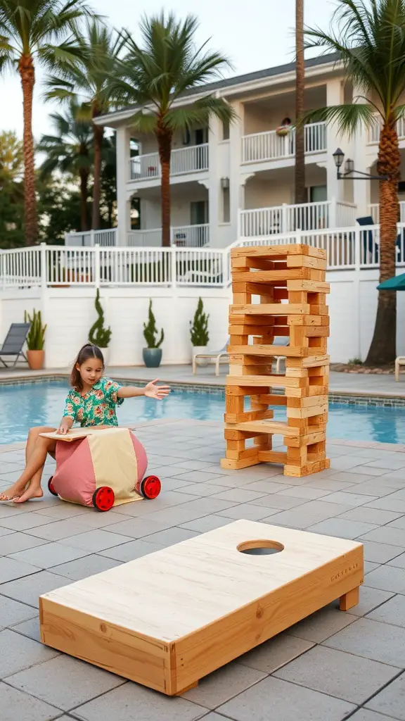 A girl playing on a pool deck with cornhole and giant block games nearby.