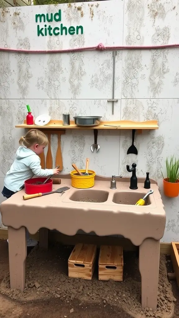 25 Creative Mud Kitchen Ideas for Kids to Inspire Imaginative Play 19 A toddler playing at an interactive mud kitchen, featuring sinks and various utensils for creative play.