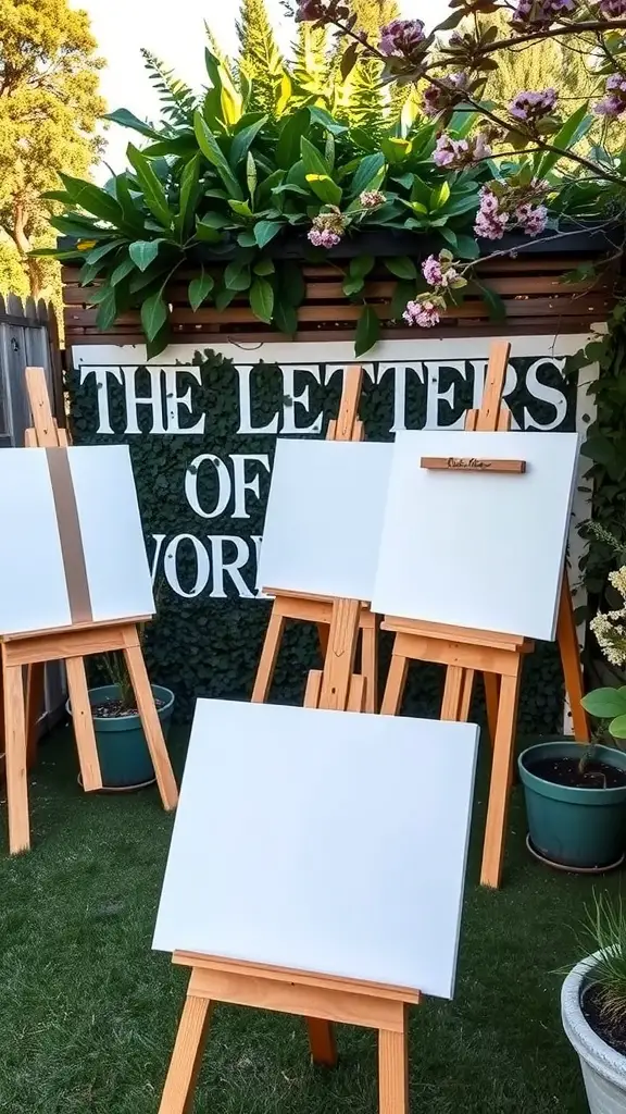 An interactive painting station with blank easels and vibrant green plants in the background.